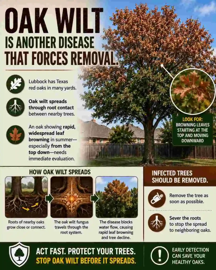 Oak wilt is another disease that forces removal.
