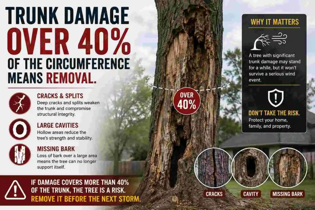 Trunk damage over 40% of the circumference means removal.
